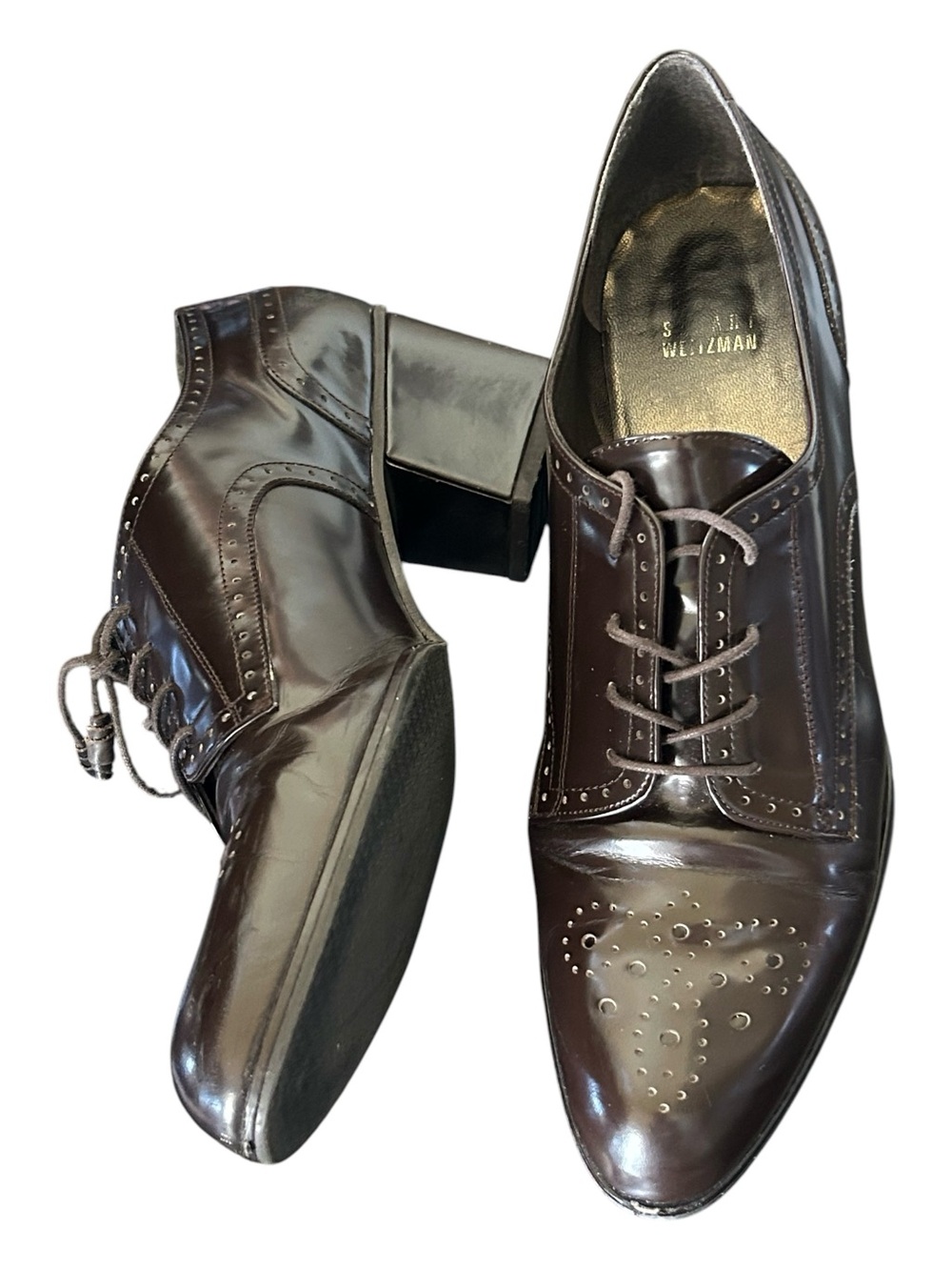 Stuart Weitzman Brown Lace-Up Patent Leather Brogue Dress Shoes (10)